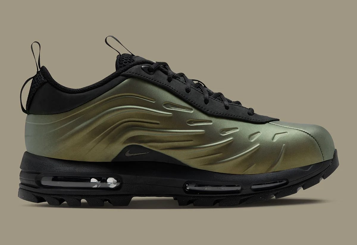 Medial view, iridescent green-gold ridged upper, black sole with air windows, Metallic Gold