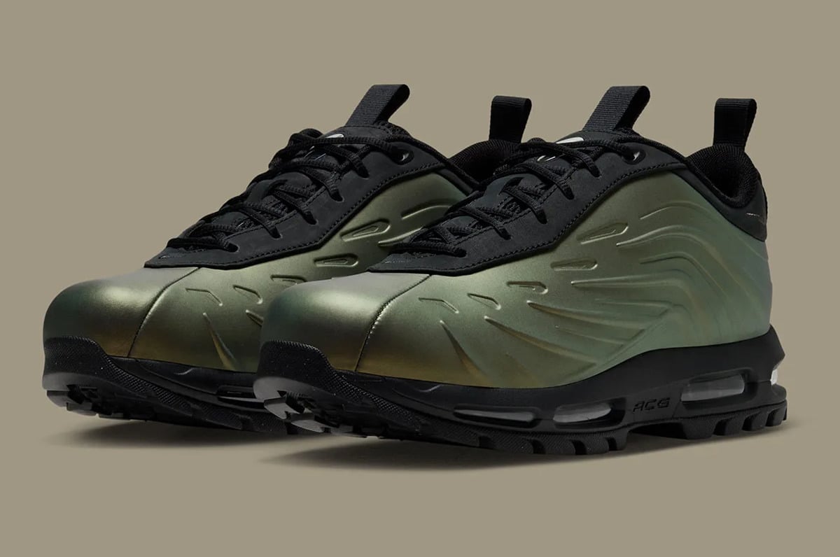 Pair, three-quarter view, black pull tabs and laces, shiny green-gold toe caps, Metallic Gold