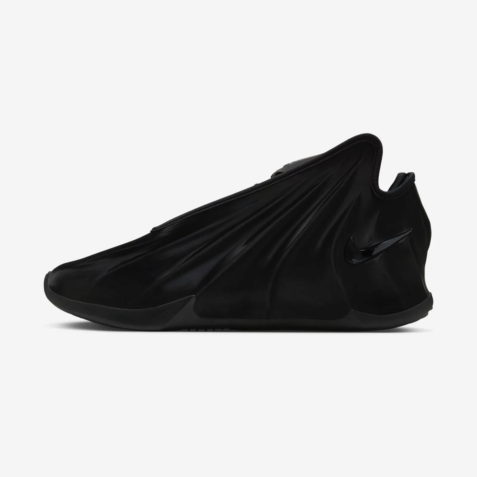 lateral view, pleated black upper and glossy swoosh, white background, Triple Black