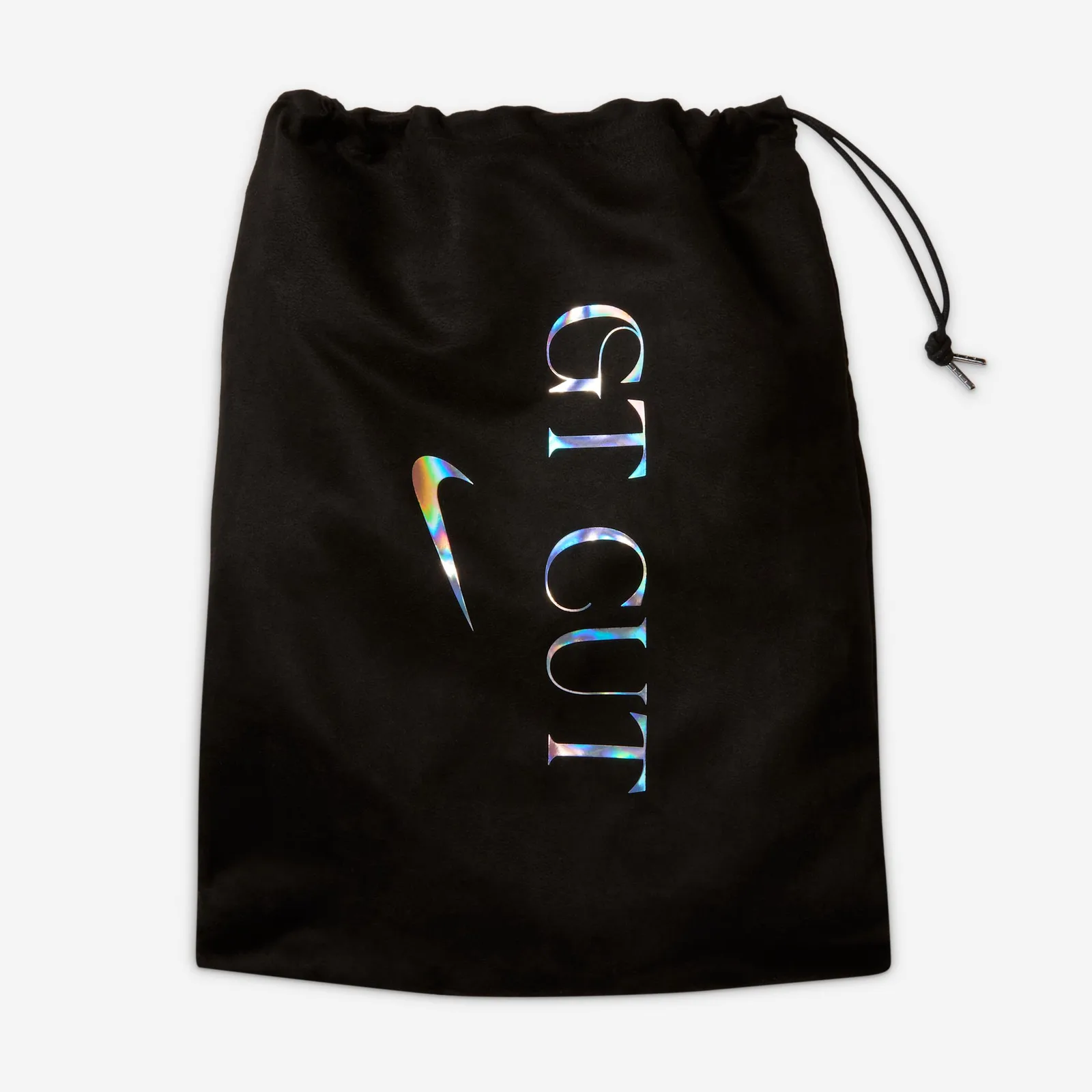 black drawstring shoe bag with holographic gt cut text and swoosh logo, Triple Black