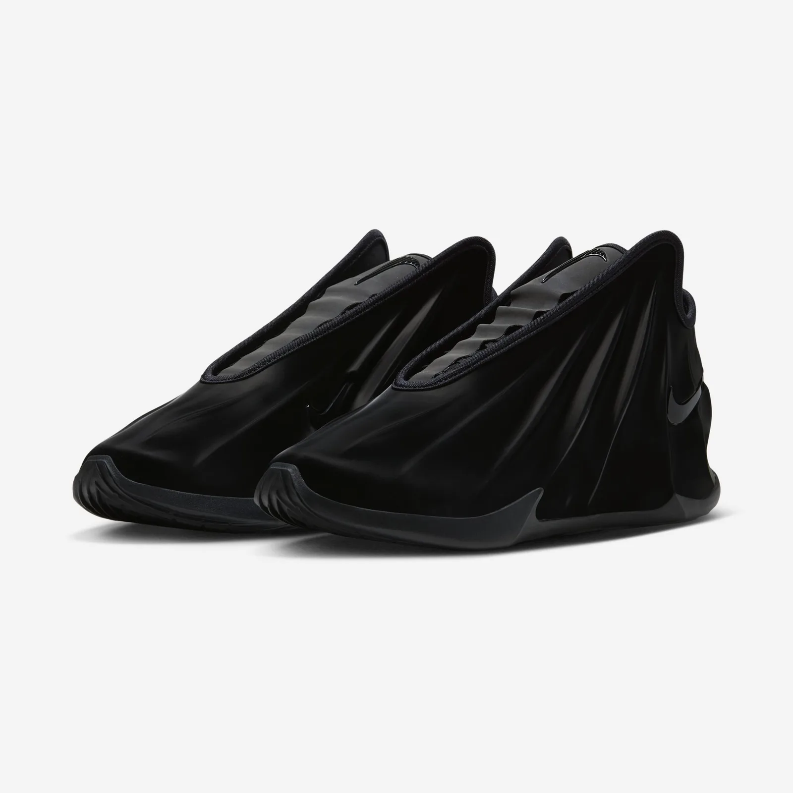 pair at angled front view, pleated black uppers, white background, Triple Black