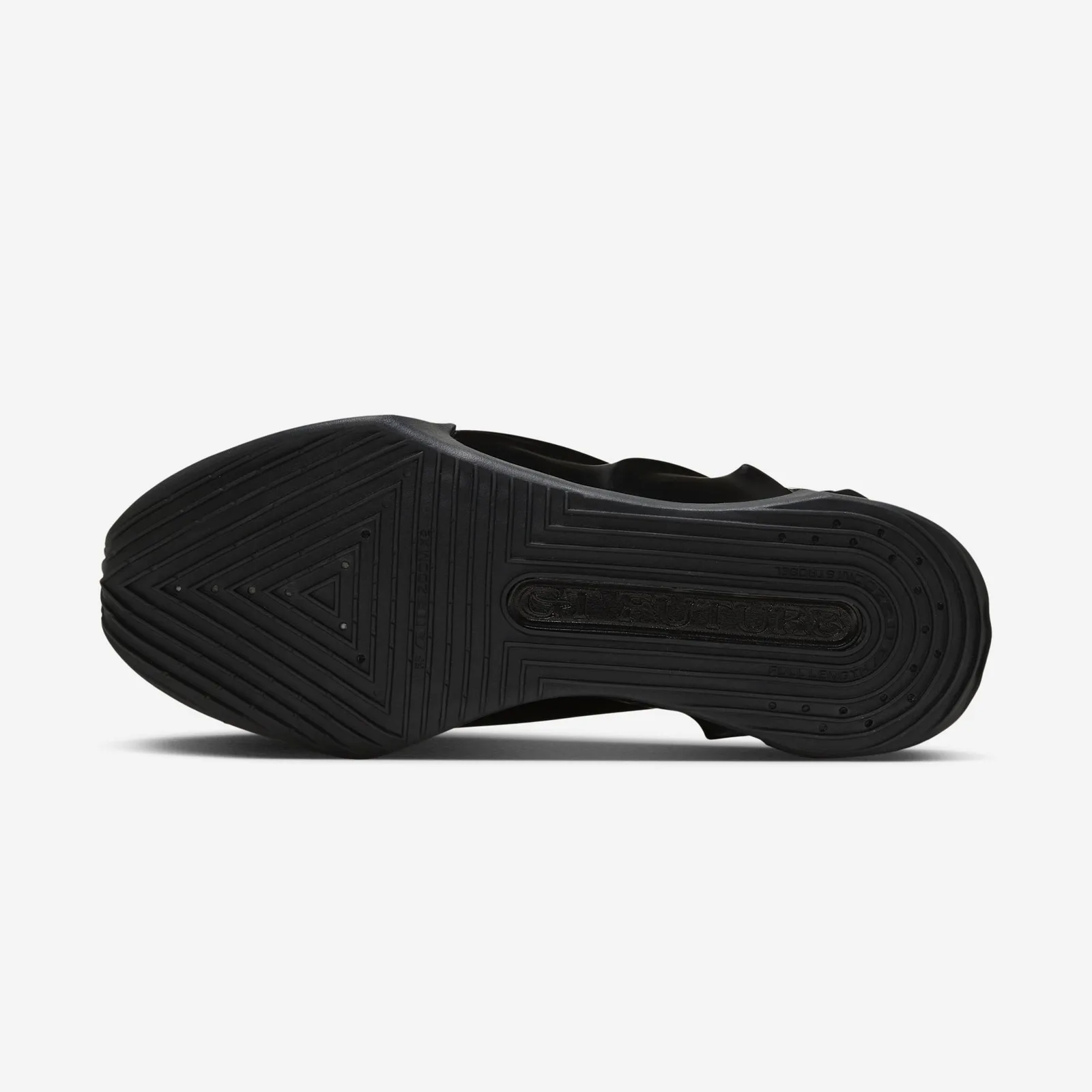 outsole view, triangular traction pattern and embossed structure text, Triple Black
