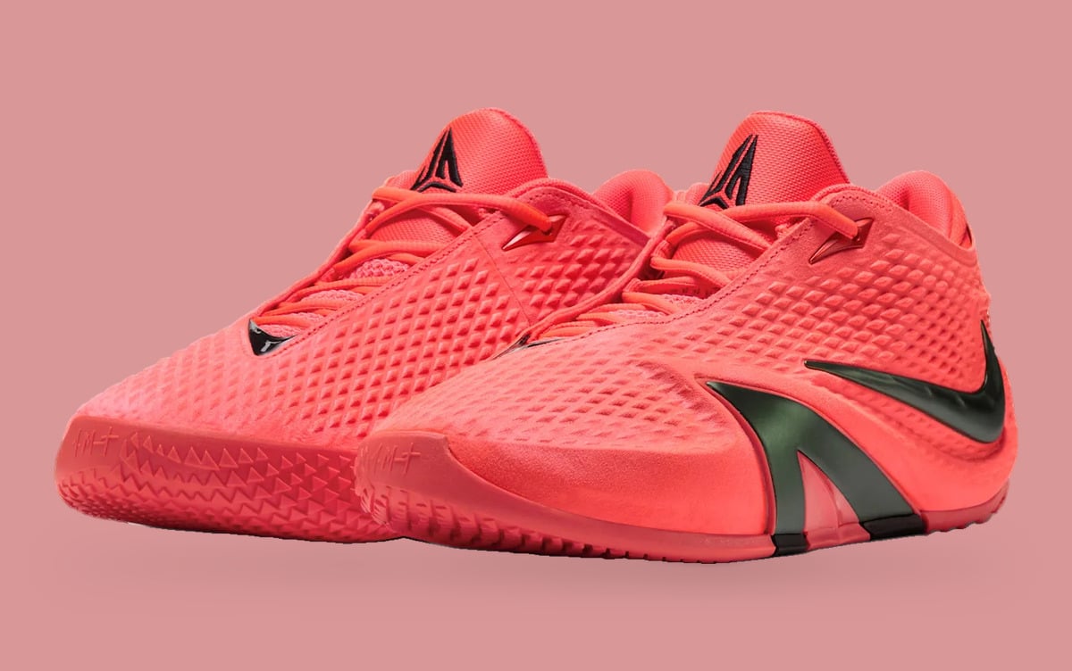 Pair at a three-quarter angle with coral diamond texture and dark side panels, Code Red