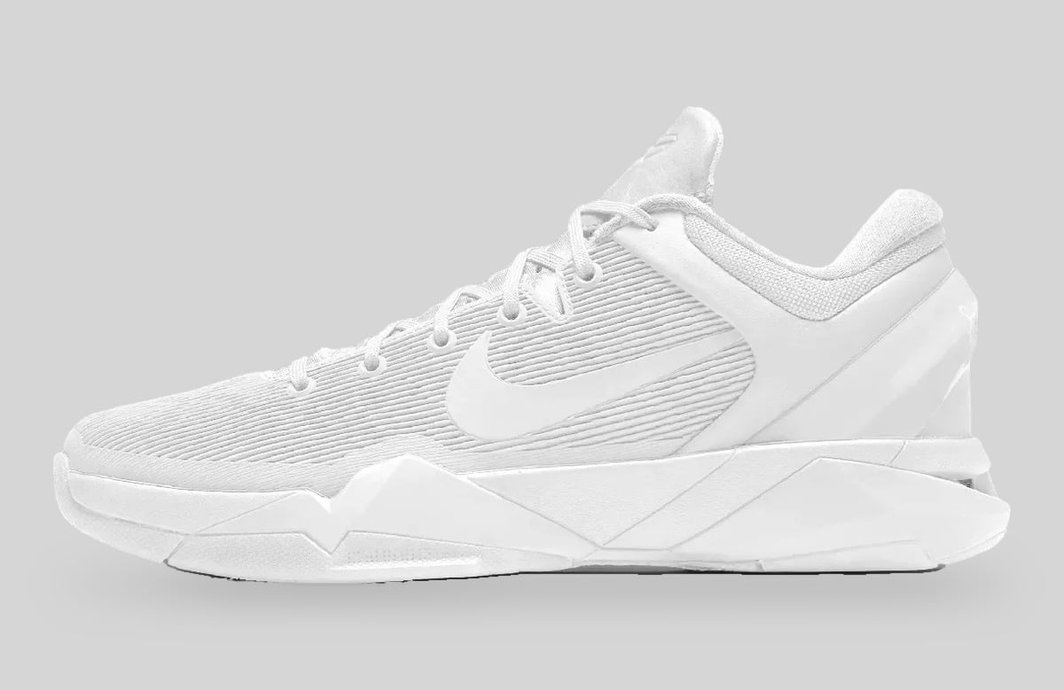 Medial view of all-white low-top with ribbed mesh upper and faceted midsole, Halo
