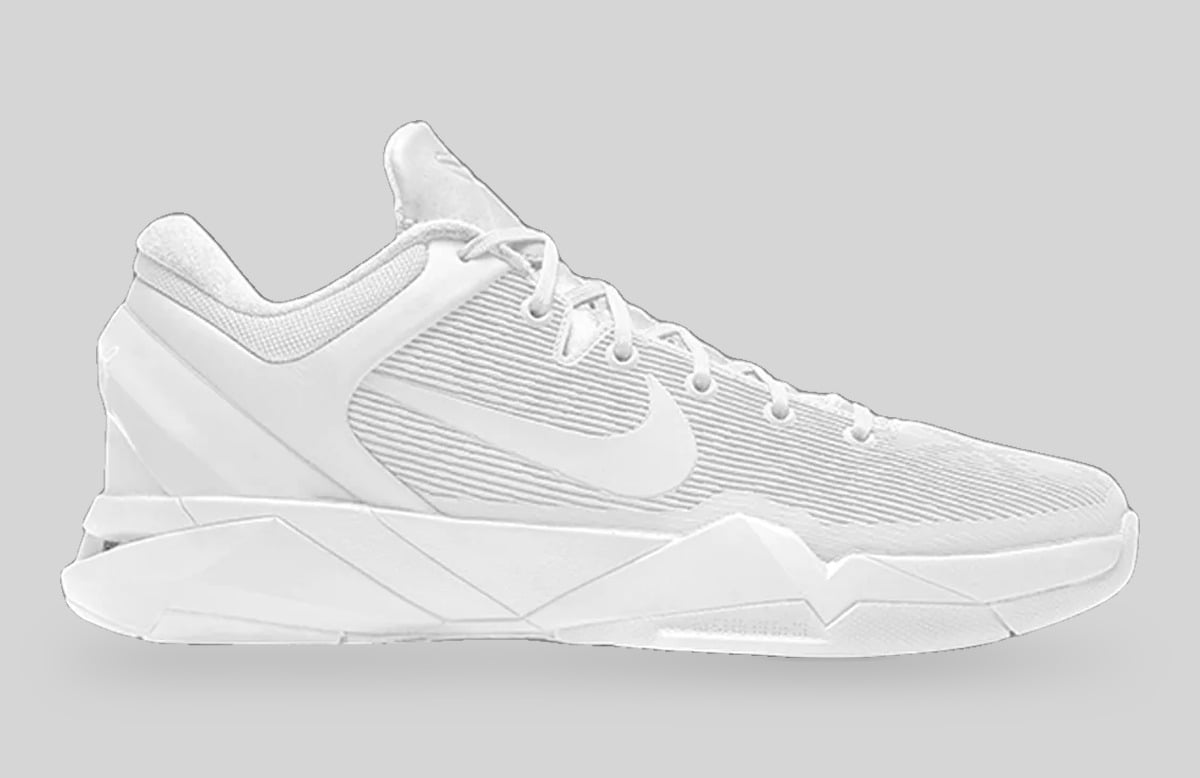 Lateral view of all-white low-top with ribbed mesh upper and tonal swoosh, Halo