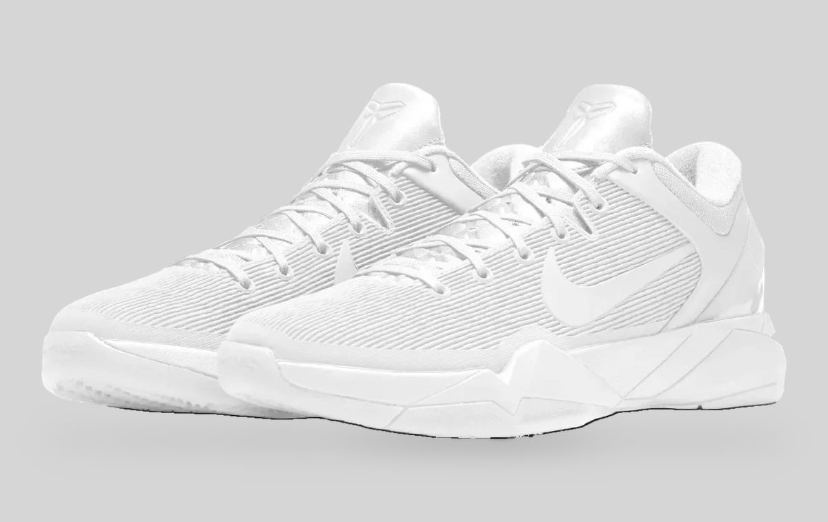 Pair in three-quarter view, all-white mesh uppers with logo on tongues, Halo