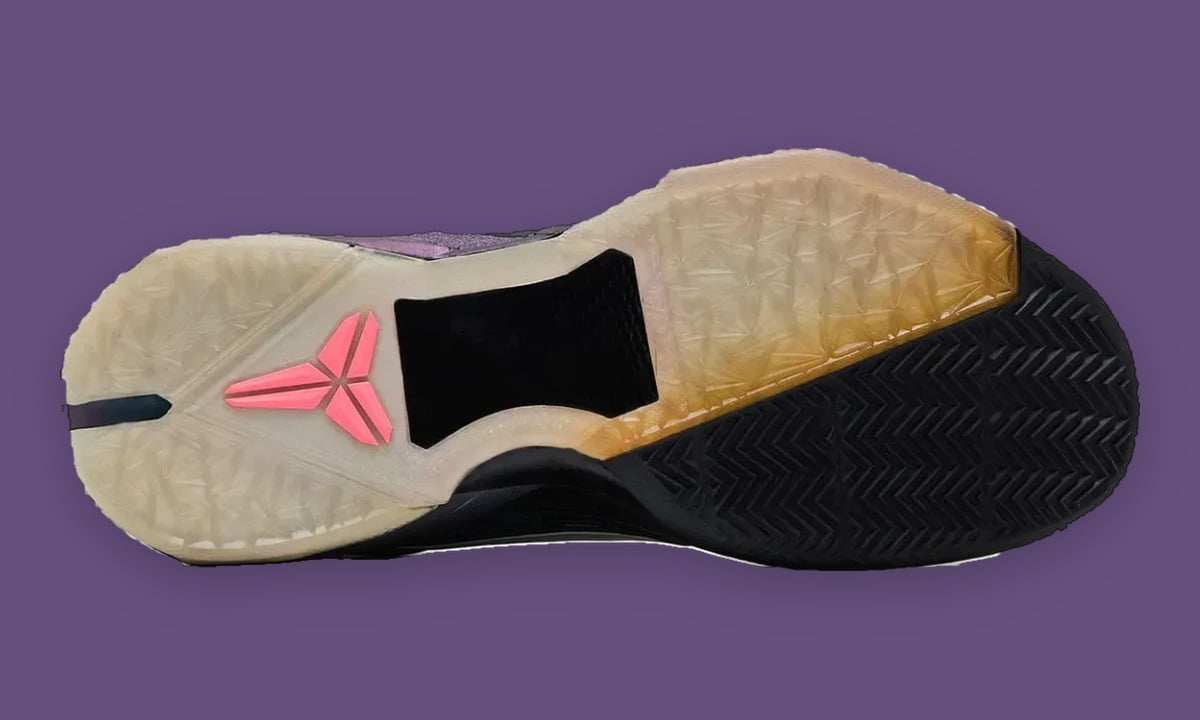 Outsole view, translucent cream and amber tread, pink logo, black herringbone forefoot, Invisibility Cloak