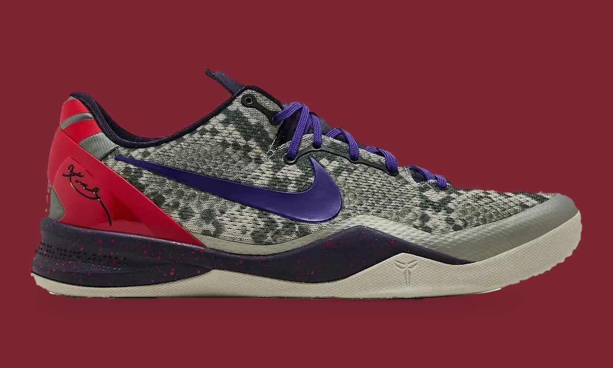 Lateral view on maroon, snakeskin-print upper, purple swoosh, red heel clip with signature, Mine Grey