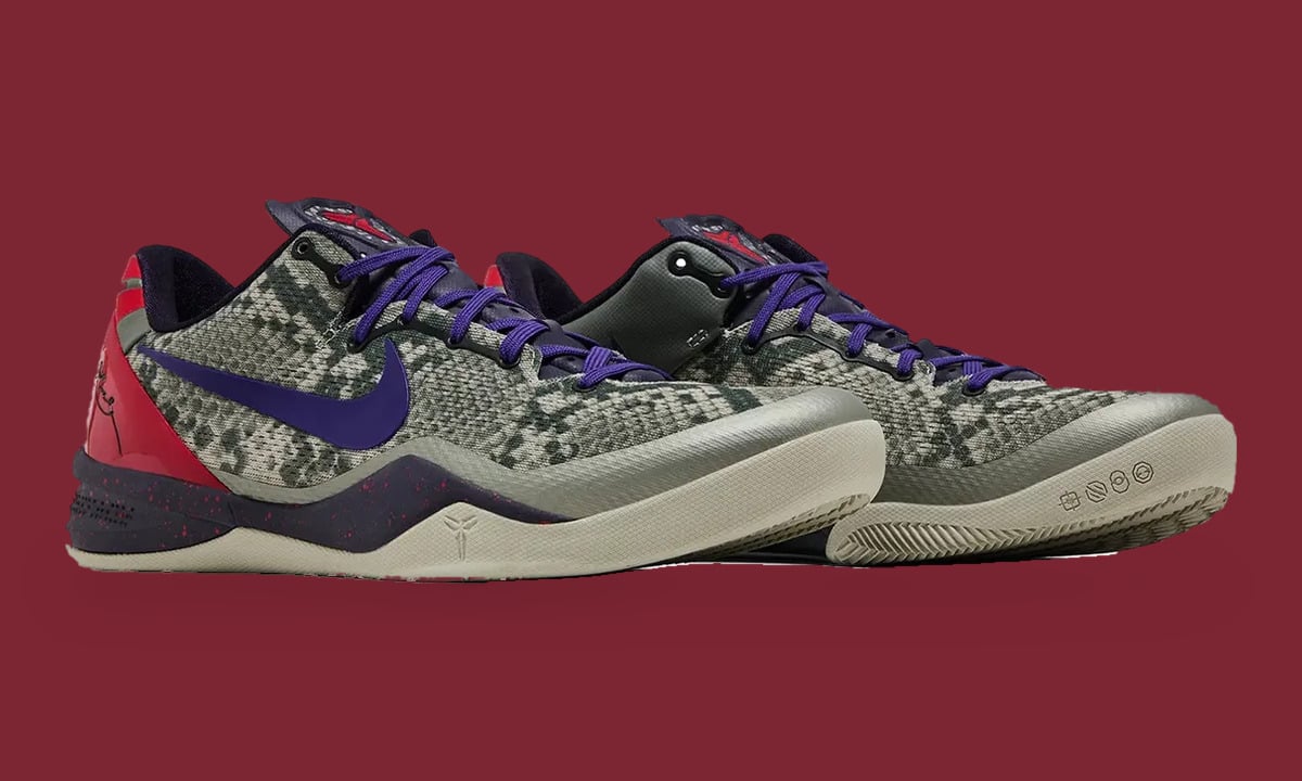 Pair at three-quarter angle on maroon, purple laces, snakeskin upper, cream outsole, Mine Grey