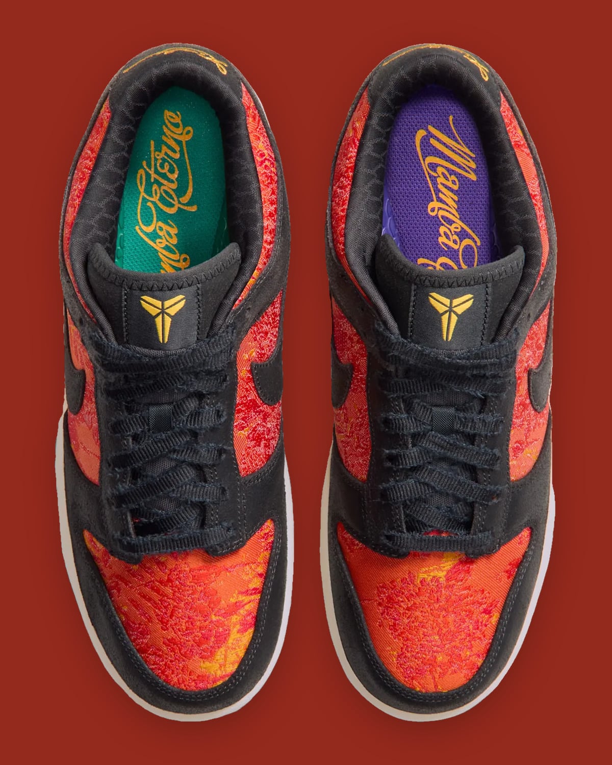 Top-down pair, green and purple insoles with gold script, gold tongue logos, frayed black laces, Mamba Eterno