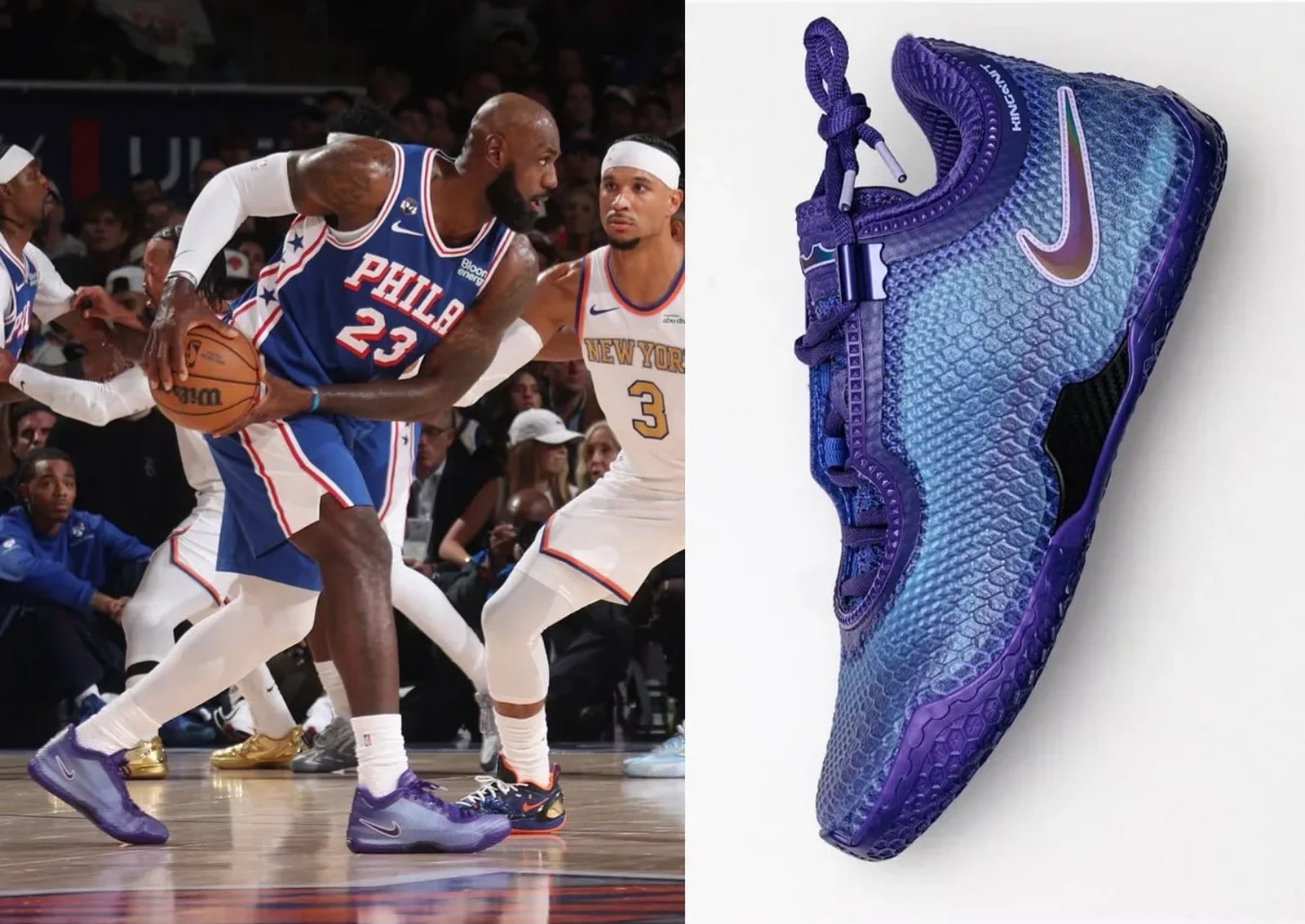 Split image: player in blue Phila 23 jersey holding ball, beside purple-blue sneaker on white, Opening Night