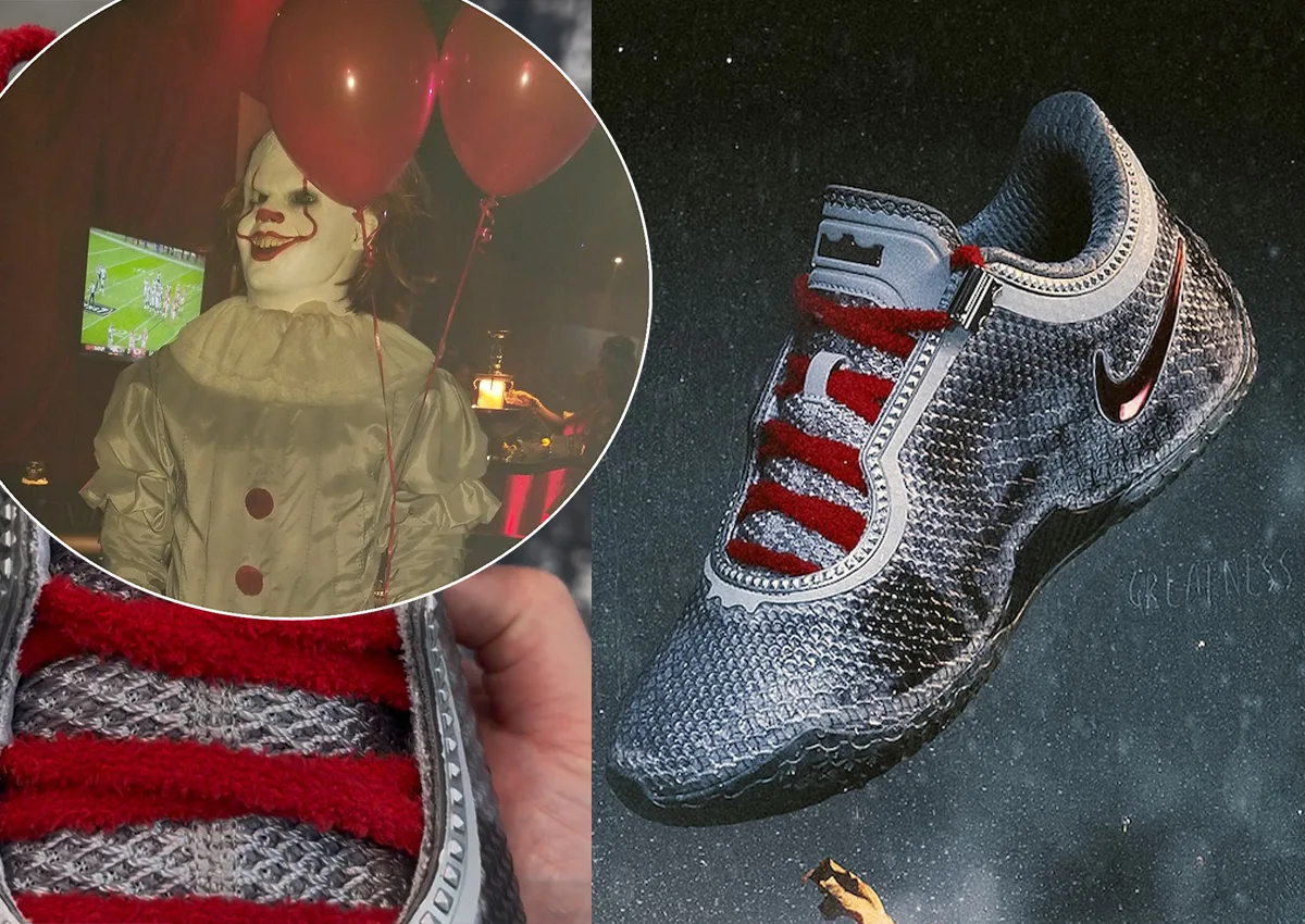 Collage: clown with red balloons, close-up of fuzzy red laces, floating grey shoe on starry dark backdrop, Storm Drain