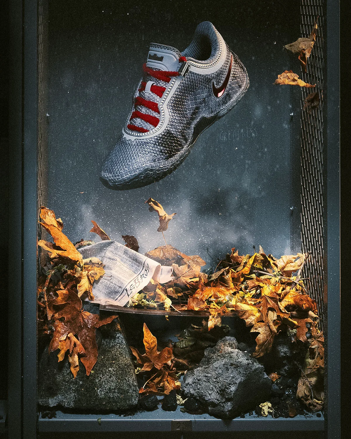 Shoe floating in a glass case above autumn leaves, rocks and a LEBRON newspaper, Greatness scrawled, Storm Drain