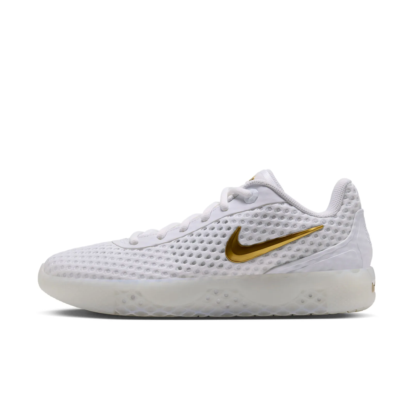 Lateral view with white open mesh, a gold Swoosh and a milky sole, White