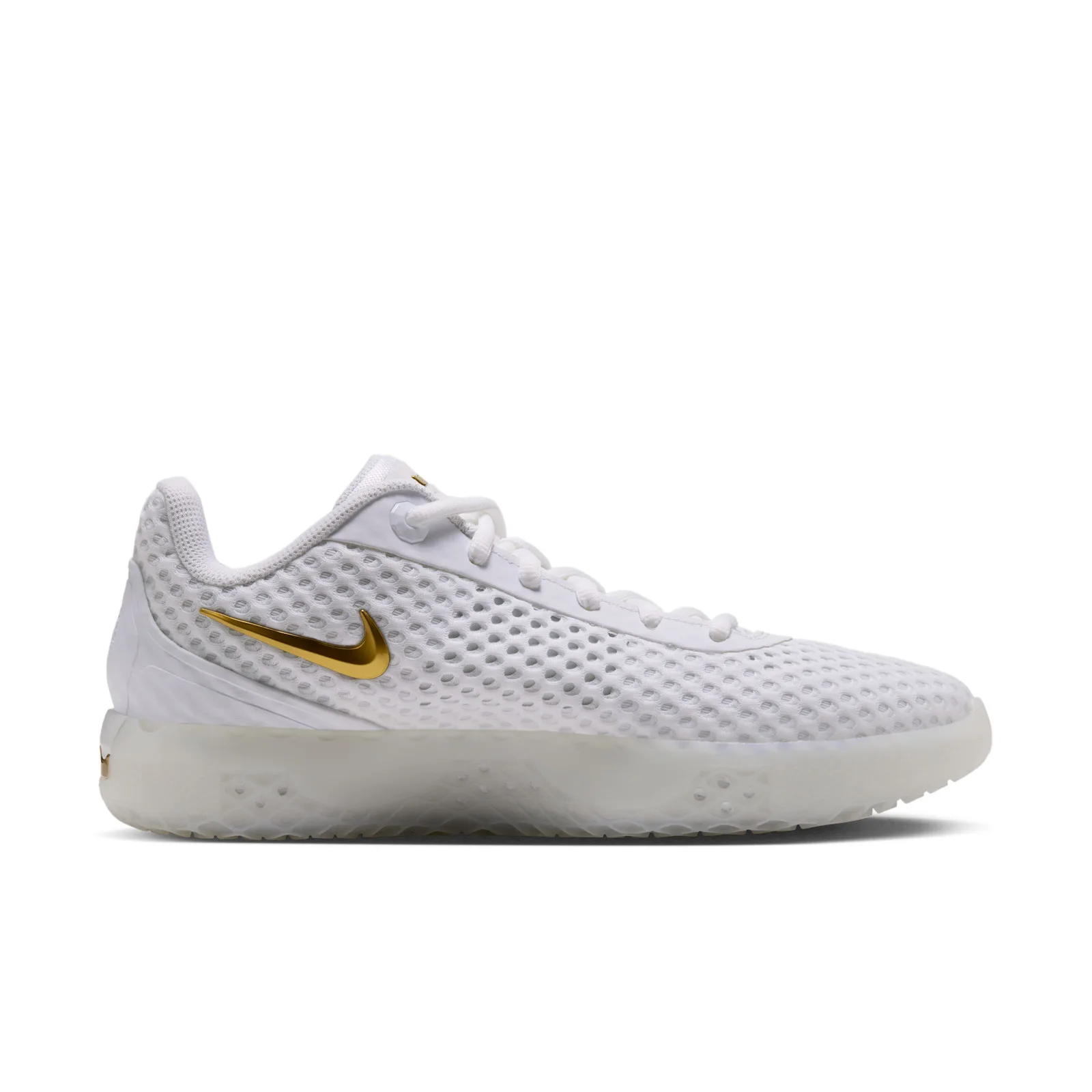 Medial view with white open mesh and a small gold Swoosh near the heel, White