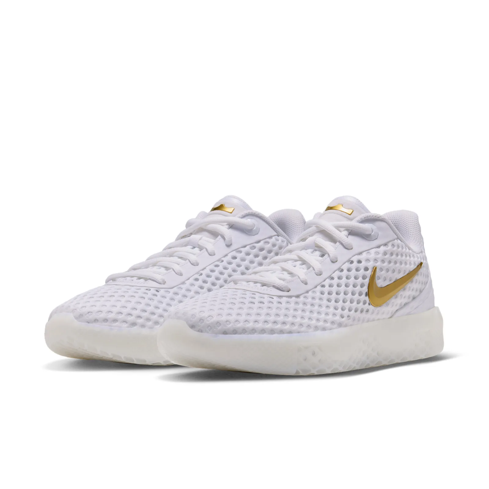 Pair at a front three-quarter angle with white mesh and gold logos, White