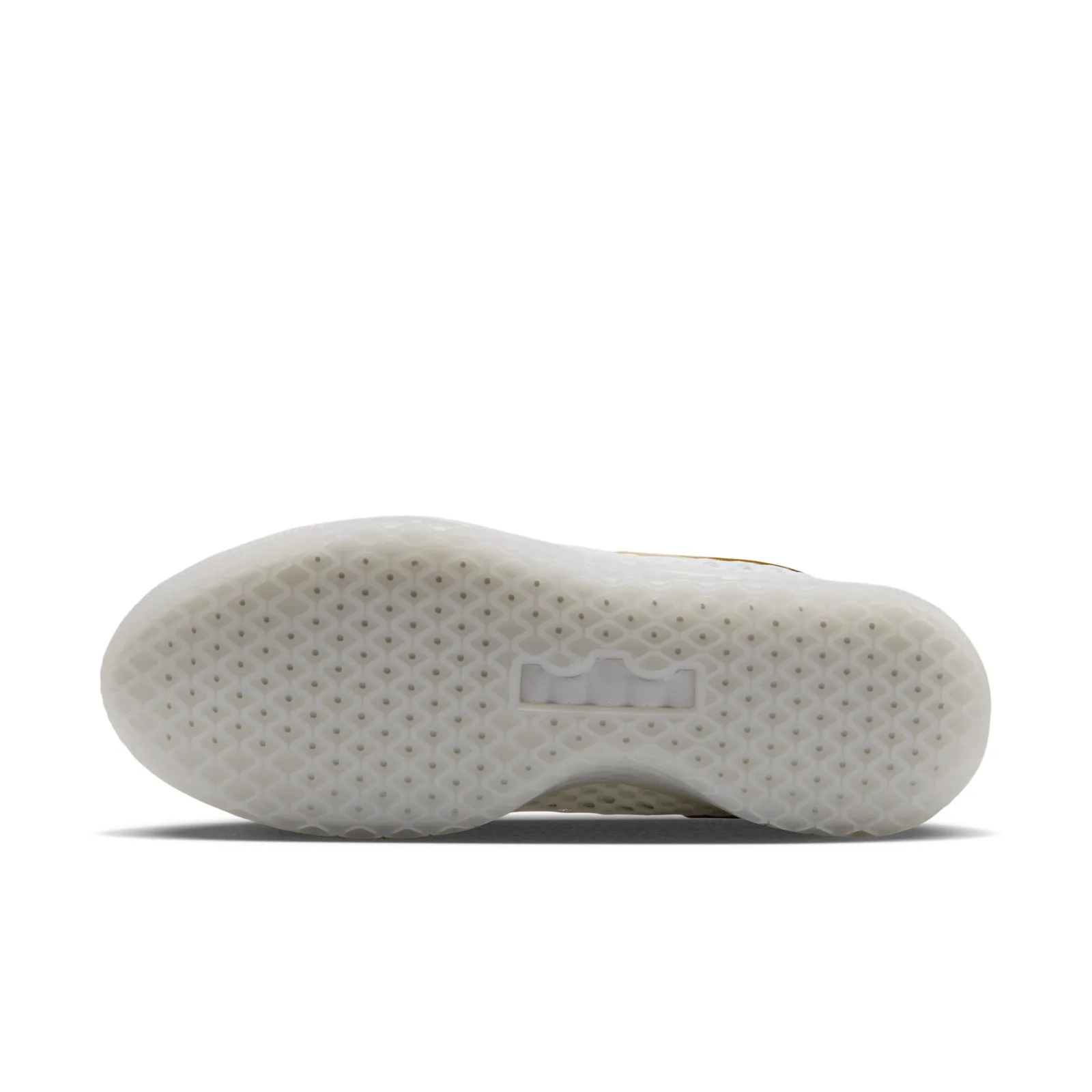Outsole view with milky translucent tread and a central crown emblem, White