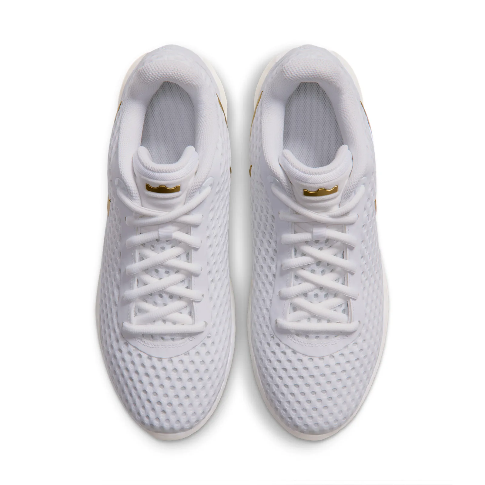 Top-down view of pair with white laces and gold crown tongue logos, White