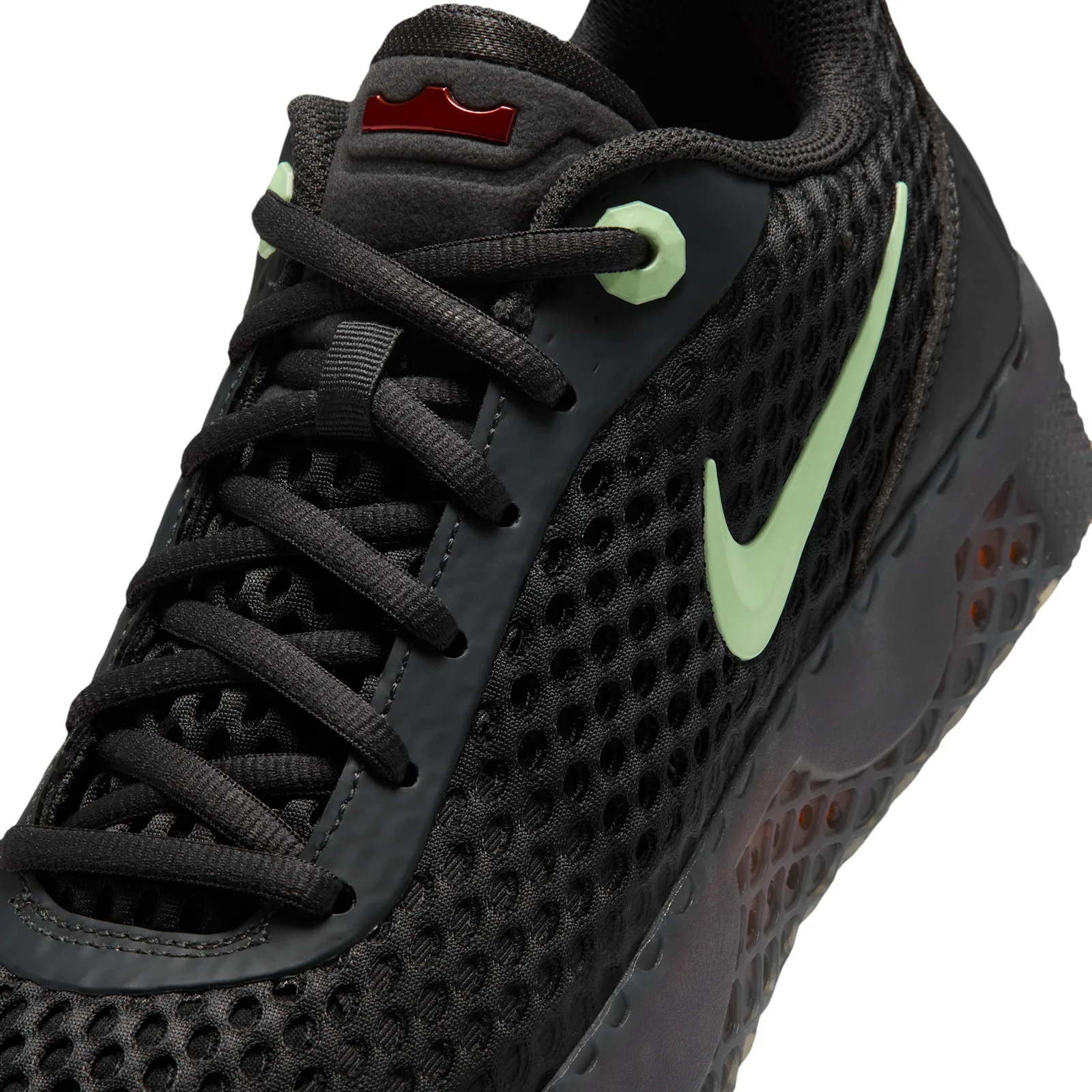 Lace and tongue detail with a pale green eyelet and glossy red crown logo, Halloween