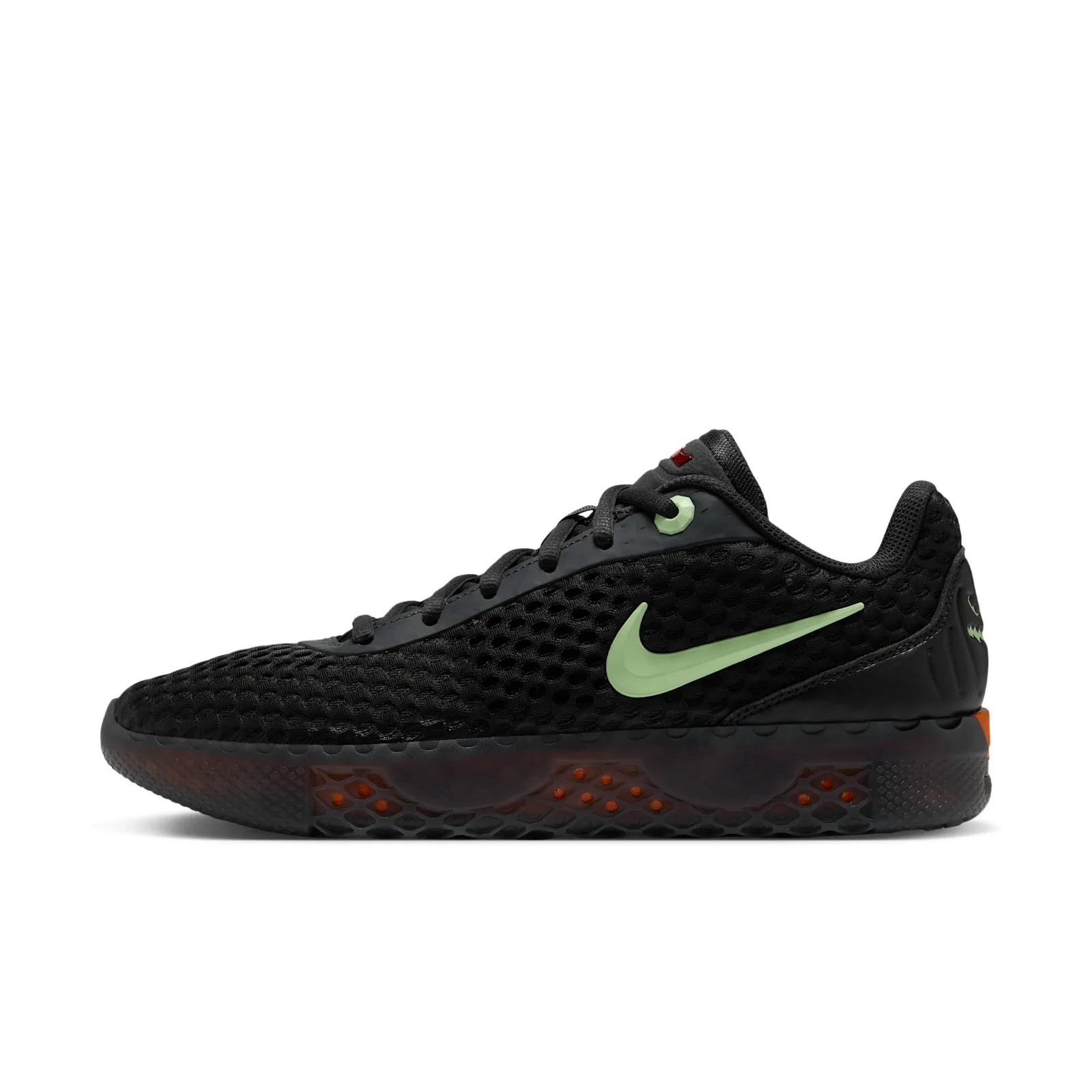 Lateral view with black open mesh and a pale green Swoosh on white, Halloween