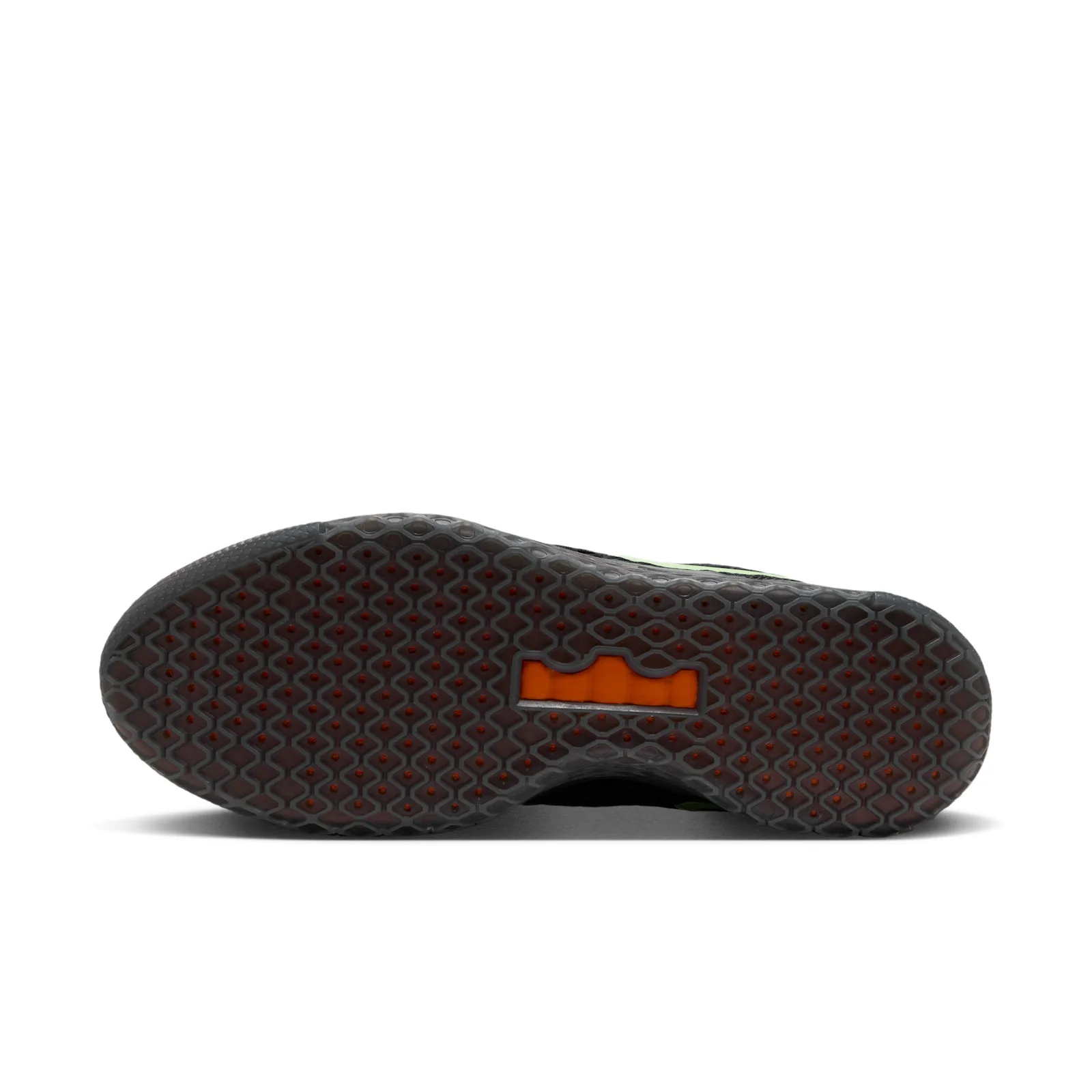 Outsole view with dark hexagonal tread and an orange crown logo, Halloween