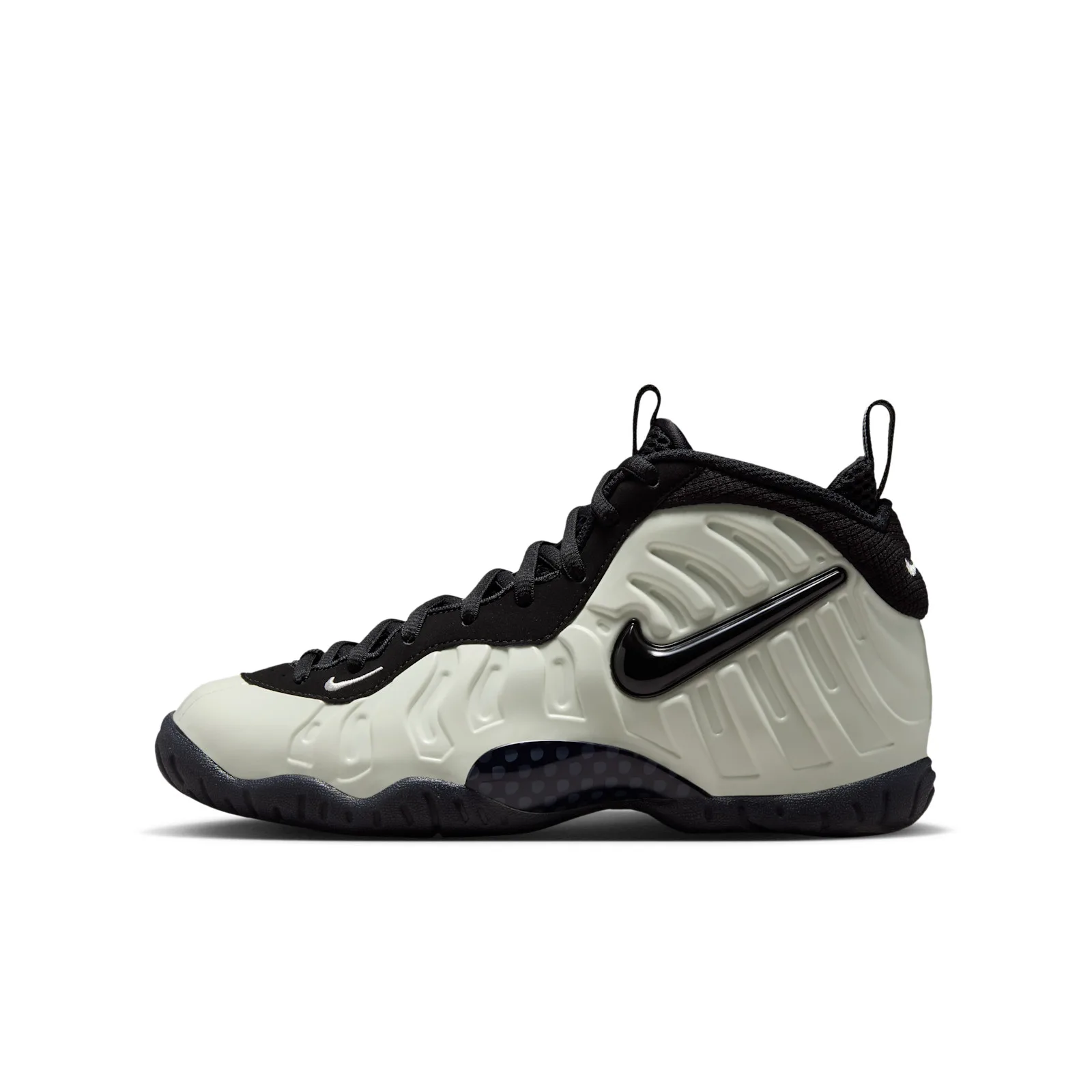Lateral view in pale off-white with black swoosh, black laces and black sole, Glow In The Dark