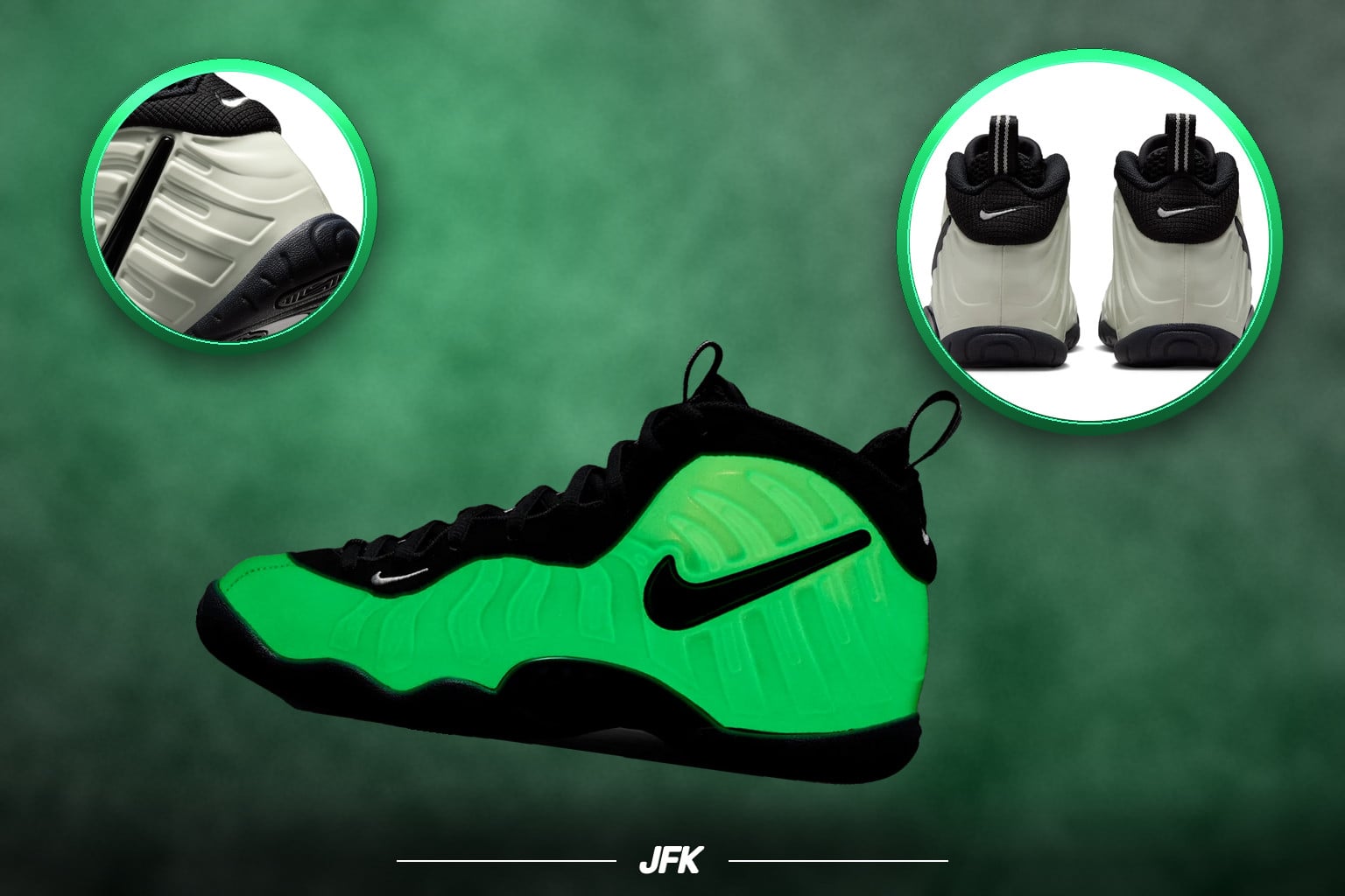 Lateral view glowing green with black swoosh, plus heel and detail insets, Nike Little Posite Pro “Glow In The Dark”