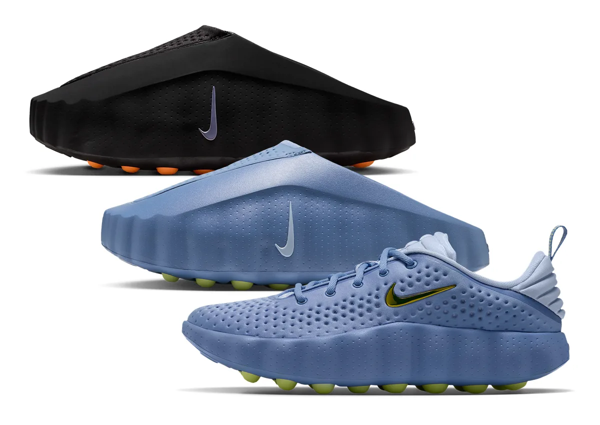 three pairs stacked: black slip-on, blue slip-on, Nike Mind 001 “Black,” Mind 001 “Work Blue” and Mind 002 “Work Blue”