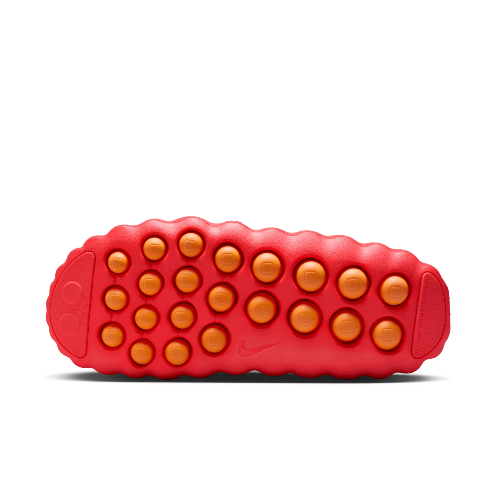 outsole view, red sole with rows of orange circular traction studs, Solar Red