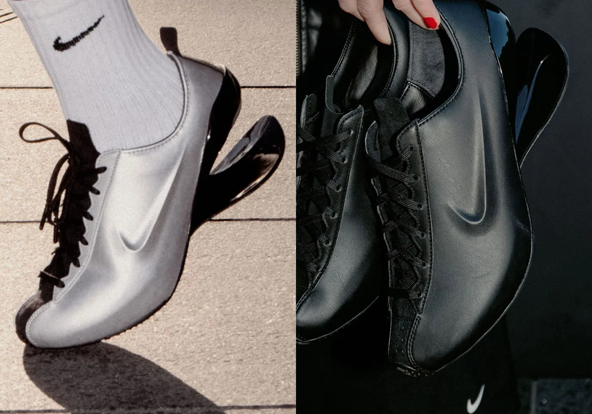 Split view: silver shoe on-foot with white Nike sock, and black leather pair held in hand, Nike Ovolo 2.0