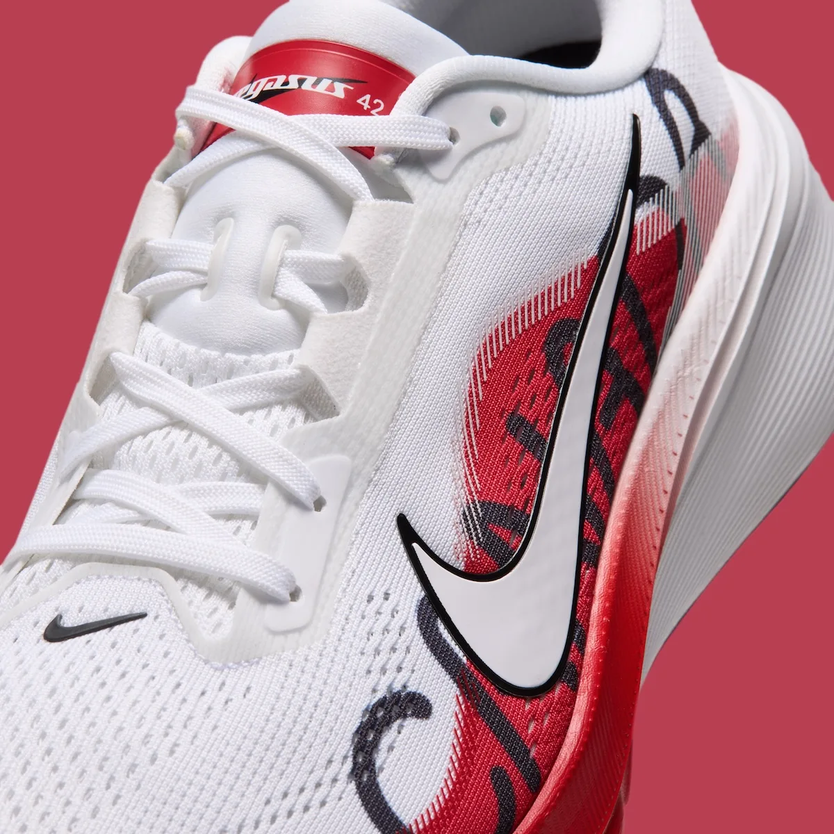 close-up toe and swoosh, red Canada graphic and Pegasus 42 tongue label, Canada