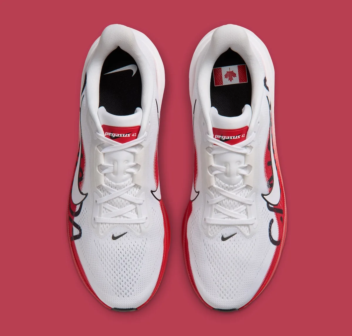 top-down pair view, red Pegasus 42 tongue tabs and Canada flag liner tag, Canada