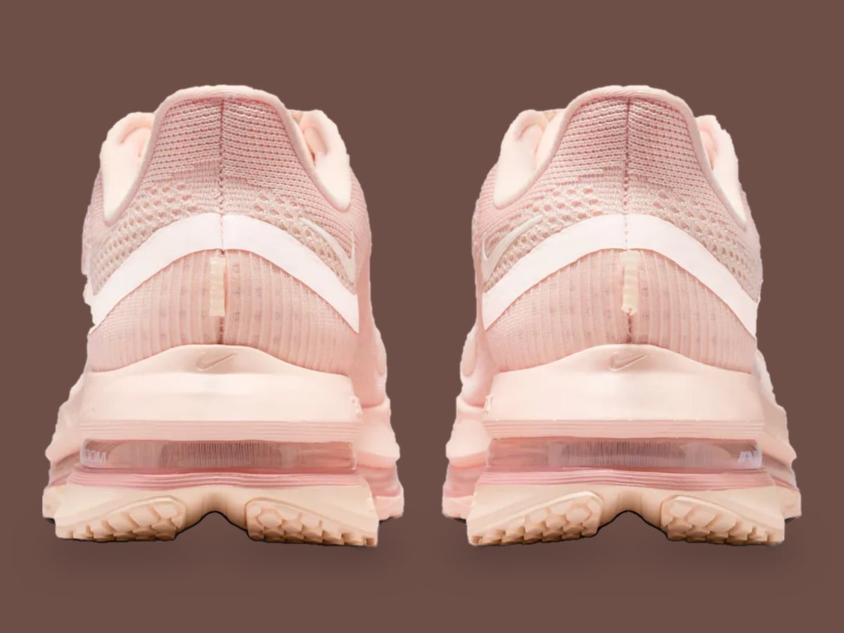 Heel view of pair, pale pink mesh, white overlay stripe and gum-coloured outsole lugs, Guava Ice