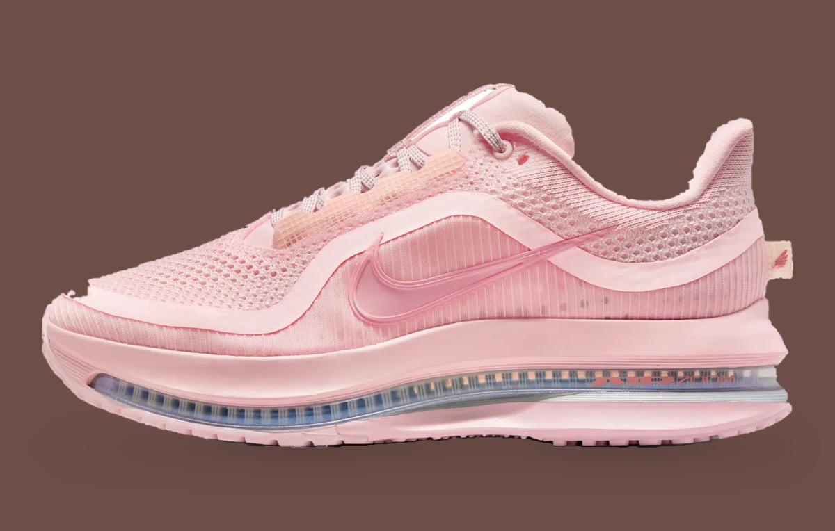 Lateral side, bright pink mesh with a translucent pink swoosh and blue-tinted air unit, Guava Ice