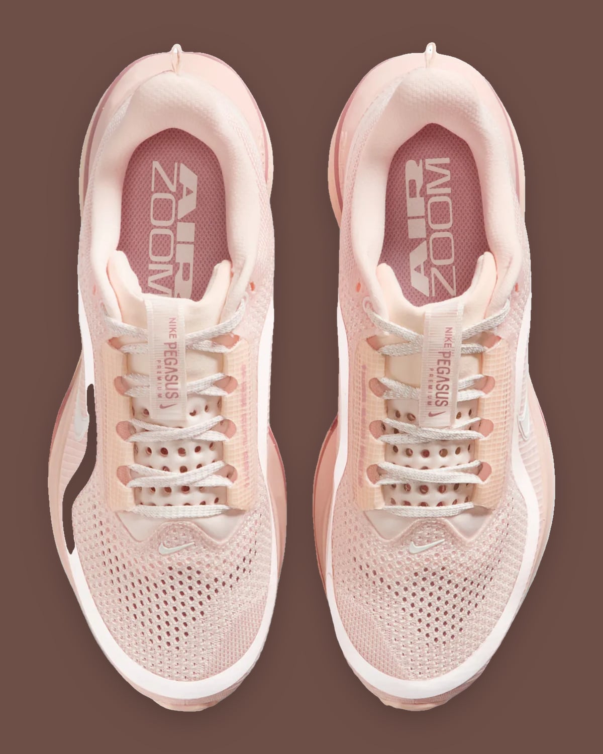 Top-down pair, pale pink mesh, grey laces, "Air Zoom" insoles and "Pegasus Premium" tongue tab, Guava Ice