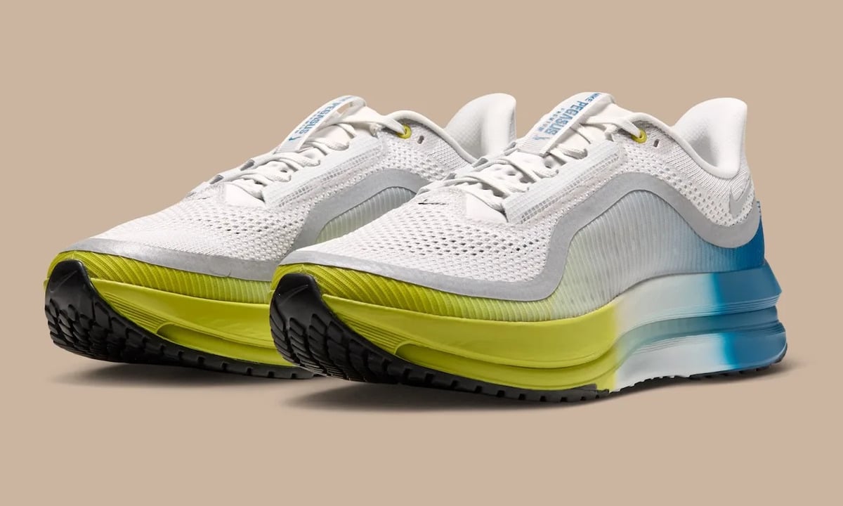 Pair, front three-quarter view, white mesh uppers, black outsole toes, yellow-green to blue midsole, The Perfect Texture For