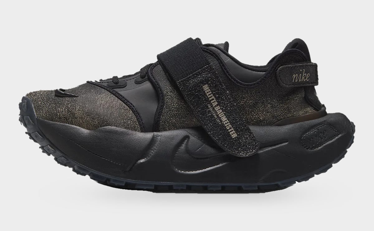 Lateral view with Melitta Baumeister strap text and a sculpted black sole, Nike Rift Rocker