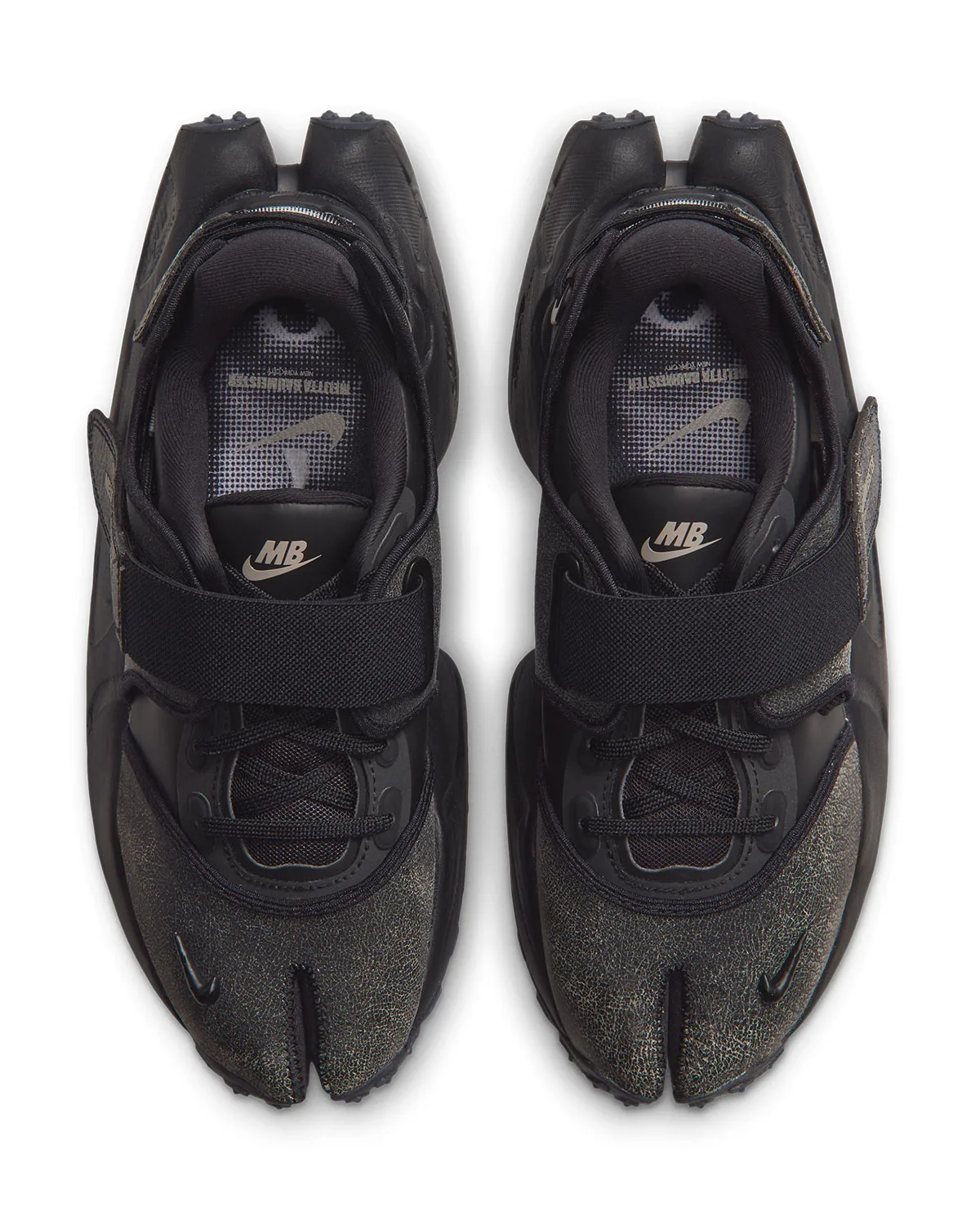Top-down pair view with split toes, wide black straps and MB tongue logos, Nike Rift Rocker