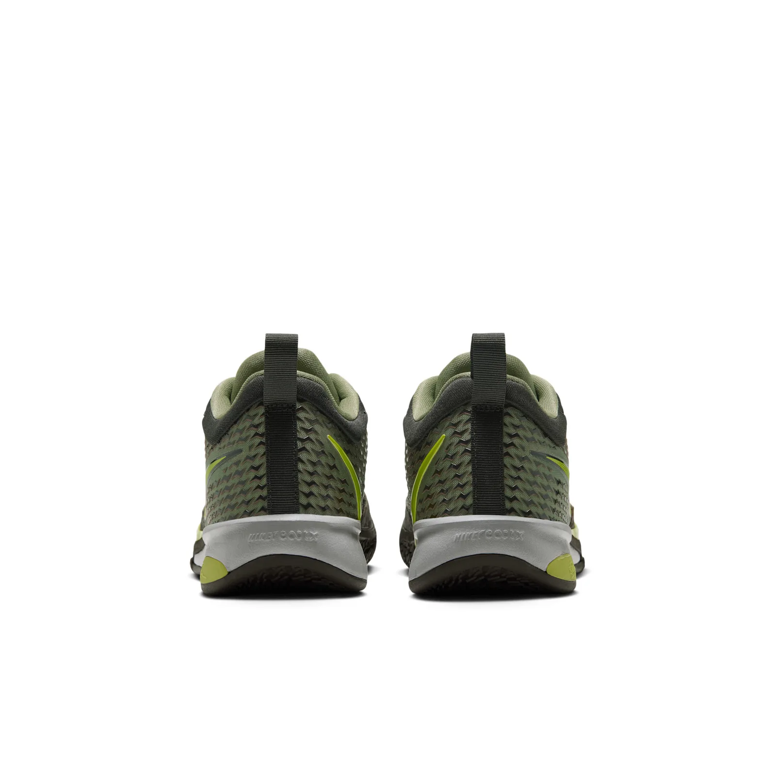 Heel view of pair with black pull tabs and grey midsoles, Moon Ball