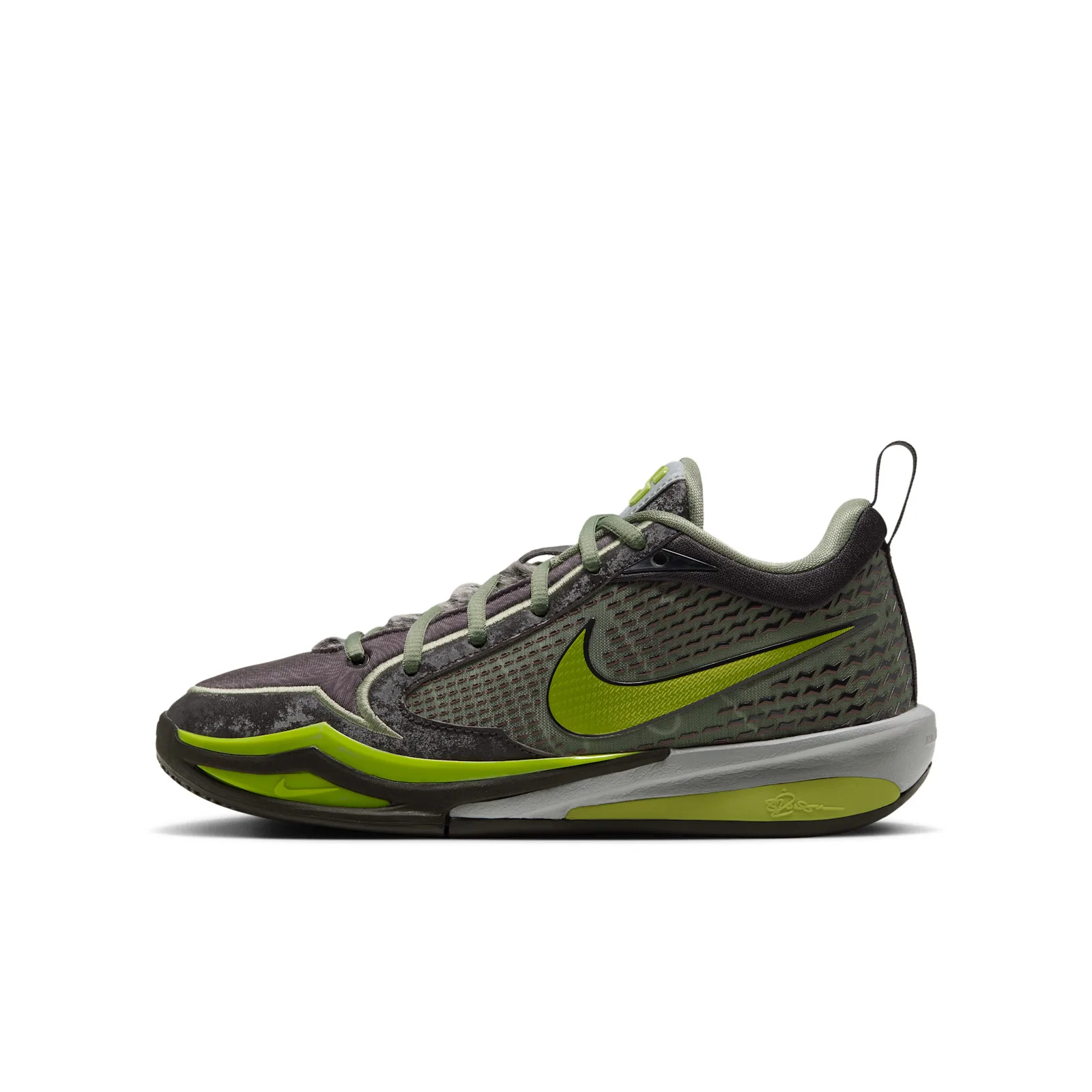 Lateral view with olive mesh, lime Swoosh and grey midsole, Moon Ball