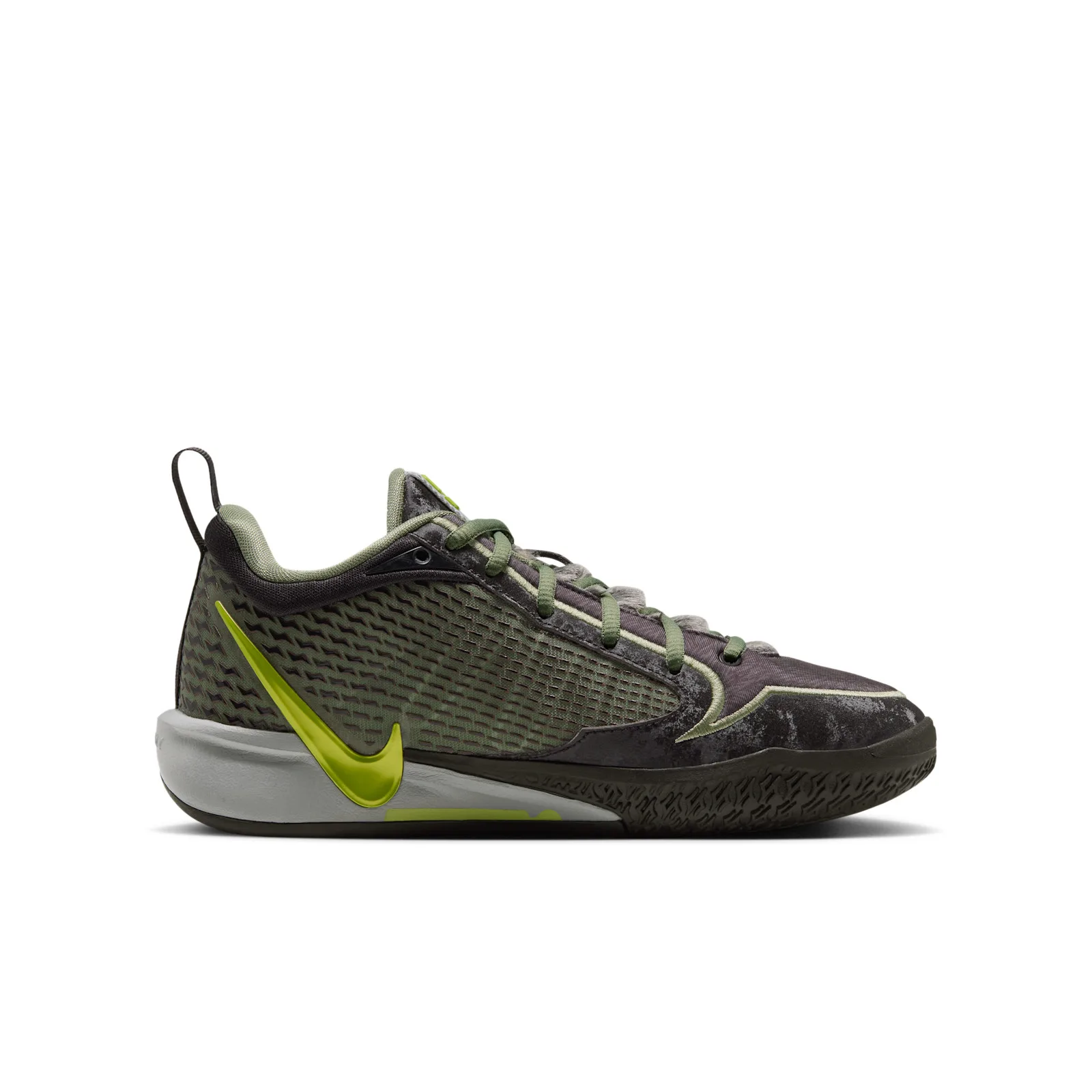 Medial view with olive mesh and a lime Swoosh extending onto the grey midsole, Moon Ball