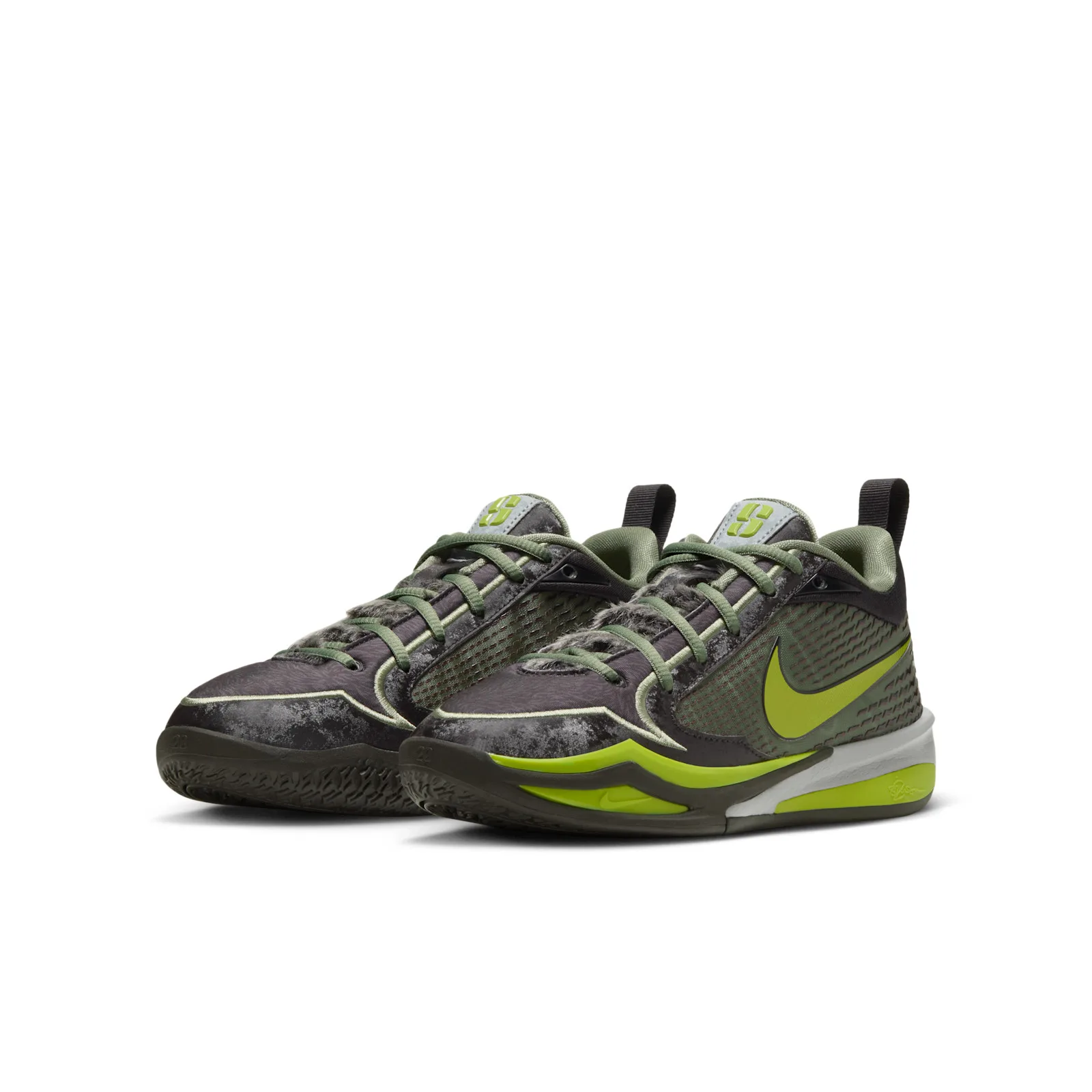 Front three-quarter pair with mottled dark overlays and lime Swooshes, Moon Ball