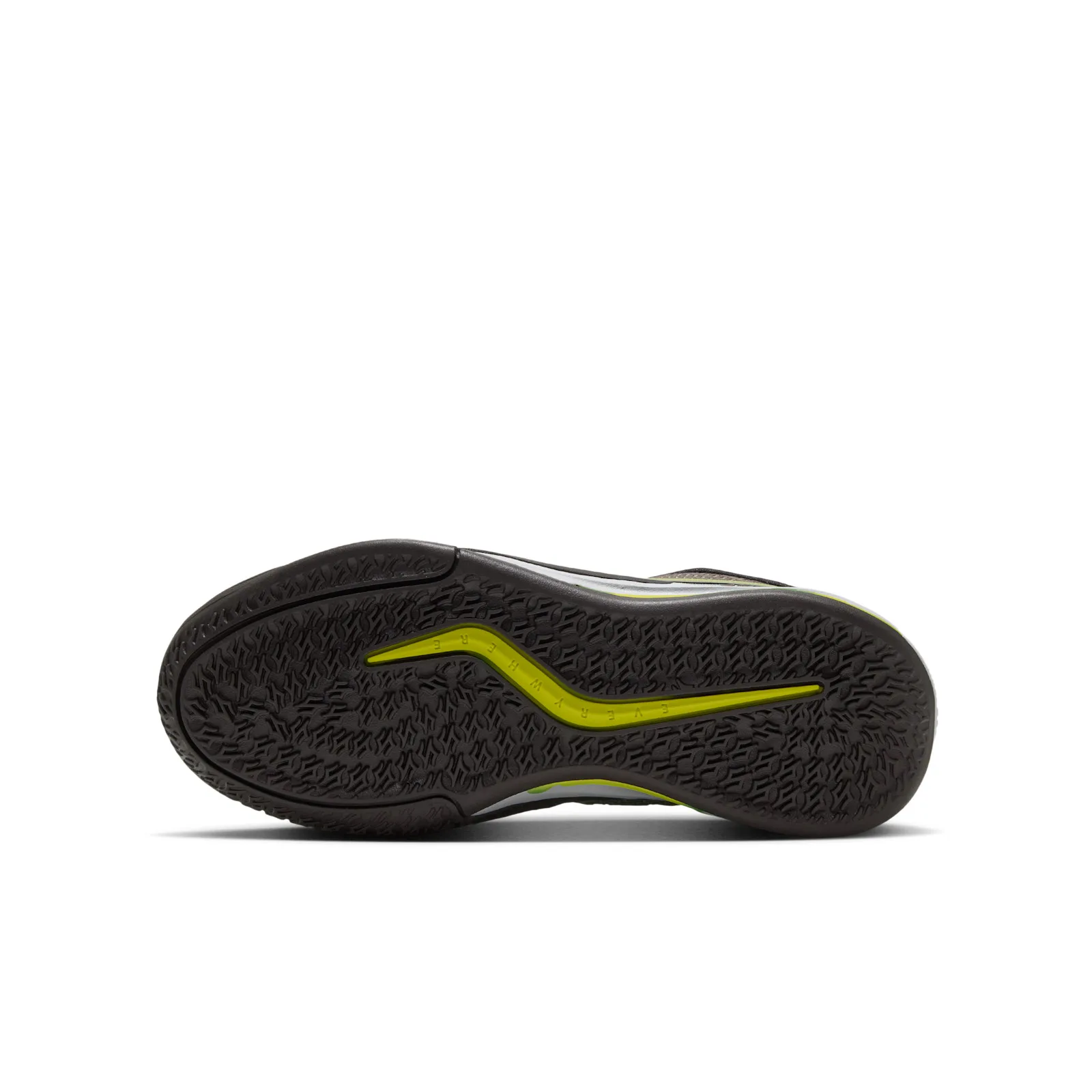 Outsole view with black patterned tread and a lime curved insert, Moon Ball
