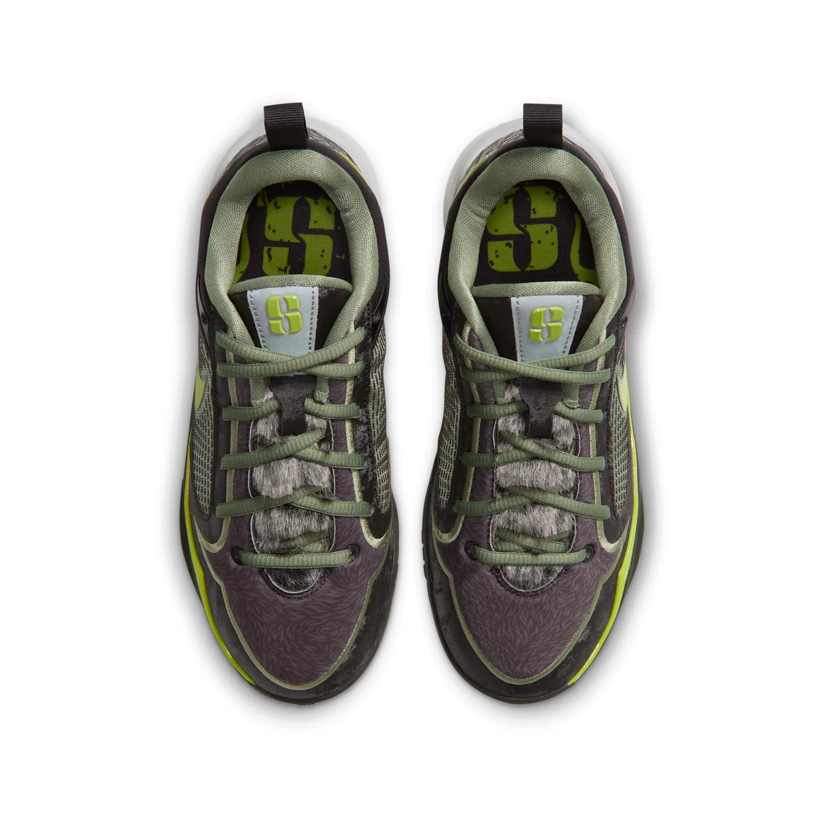 Top-down pair with olive laces, furry grey tongues and lime tongue logos, Moon Ball