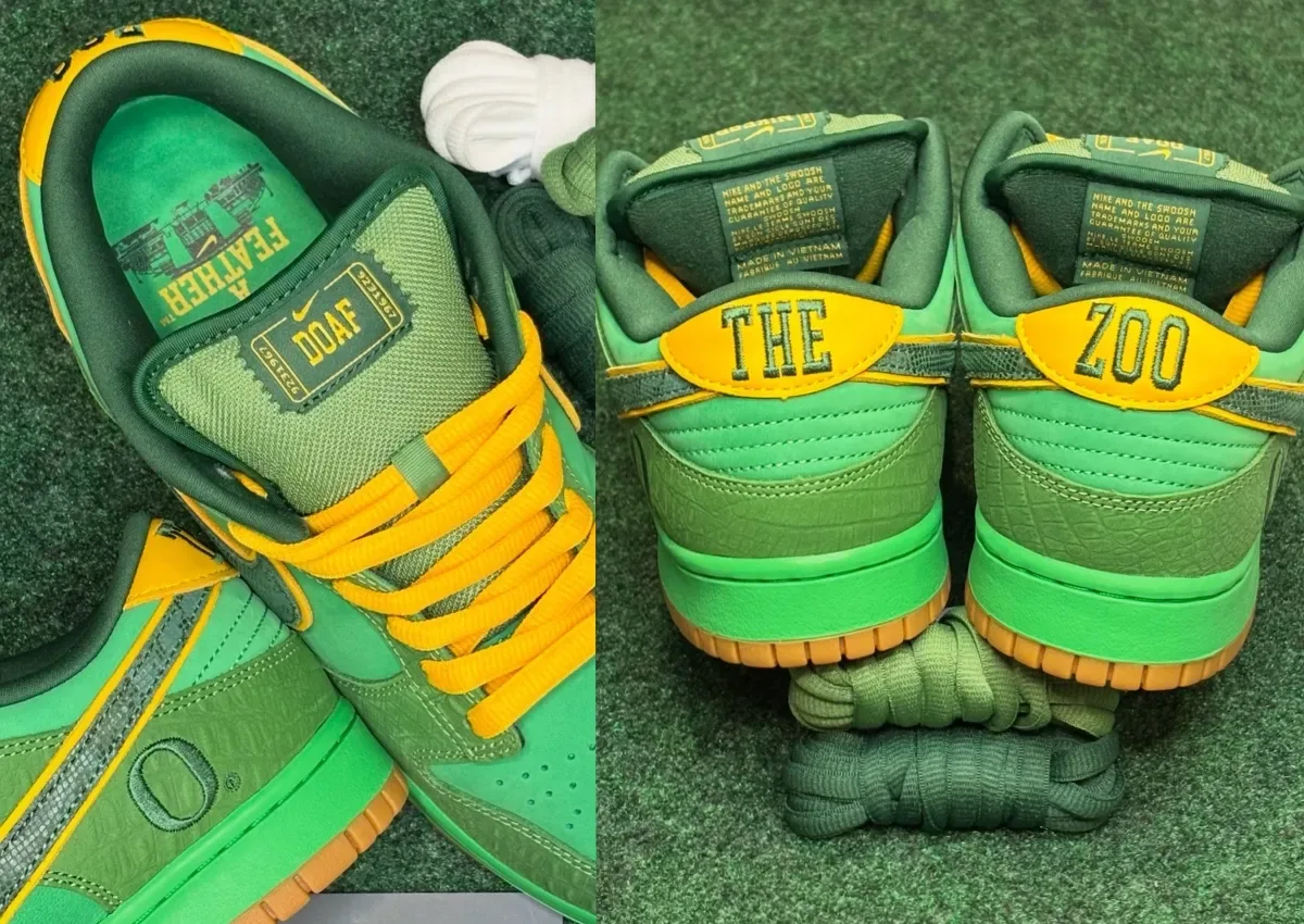 Split view: DOAF tongue label and yellow laces beside heel tabs reading THE ZOO on turf, The Zoo