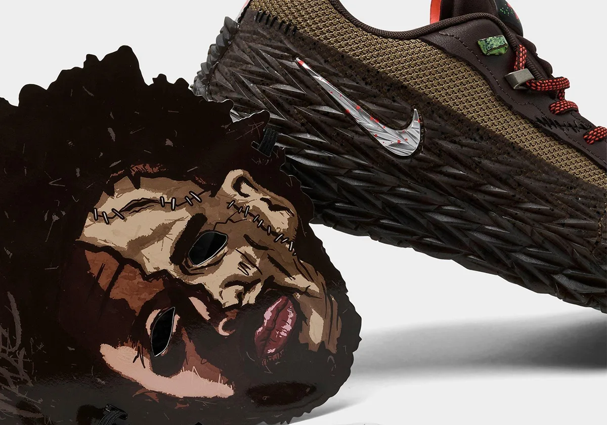Close detail of chrome Swoosh shoe next to stitched horror face cutout, Halloween