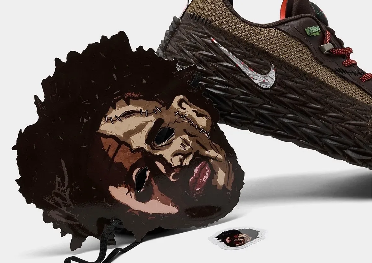 Detail of shoe beside horror mask-style face cutout with stitched scars, with sticker, Halloween