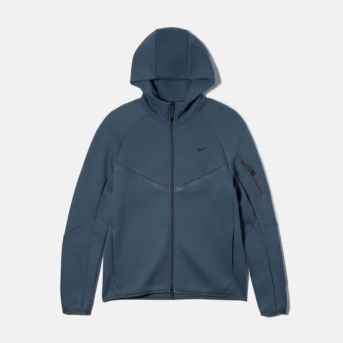 Front view of slate blue zip hoodie with dark Swoosh logo and zip sleeve pocket, Boreas and SF3