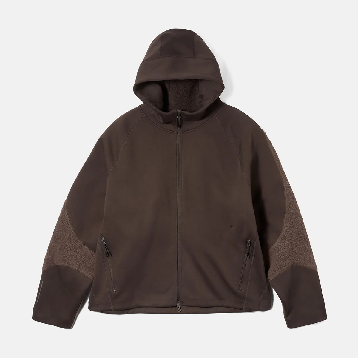 Front view of brown zip hoodie with textured fleece sleeve panels and zip pockets, Boreas and SF3