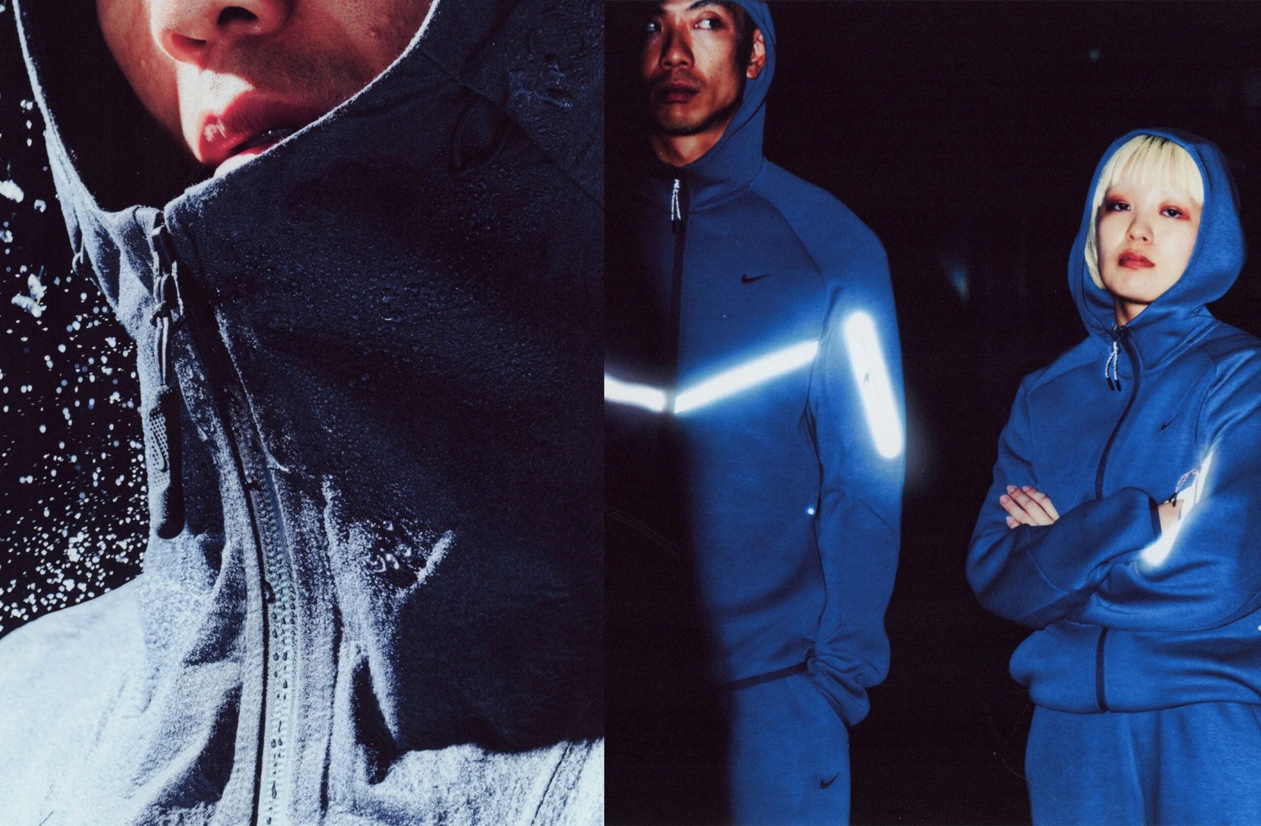 Two-panel night shot: frosty hood close-up and blue hoodies with reflective stripes, Nike Tech Fleece Boreas and SF3